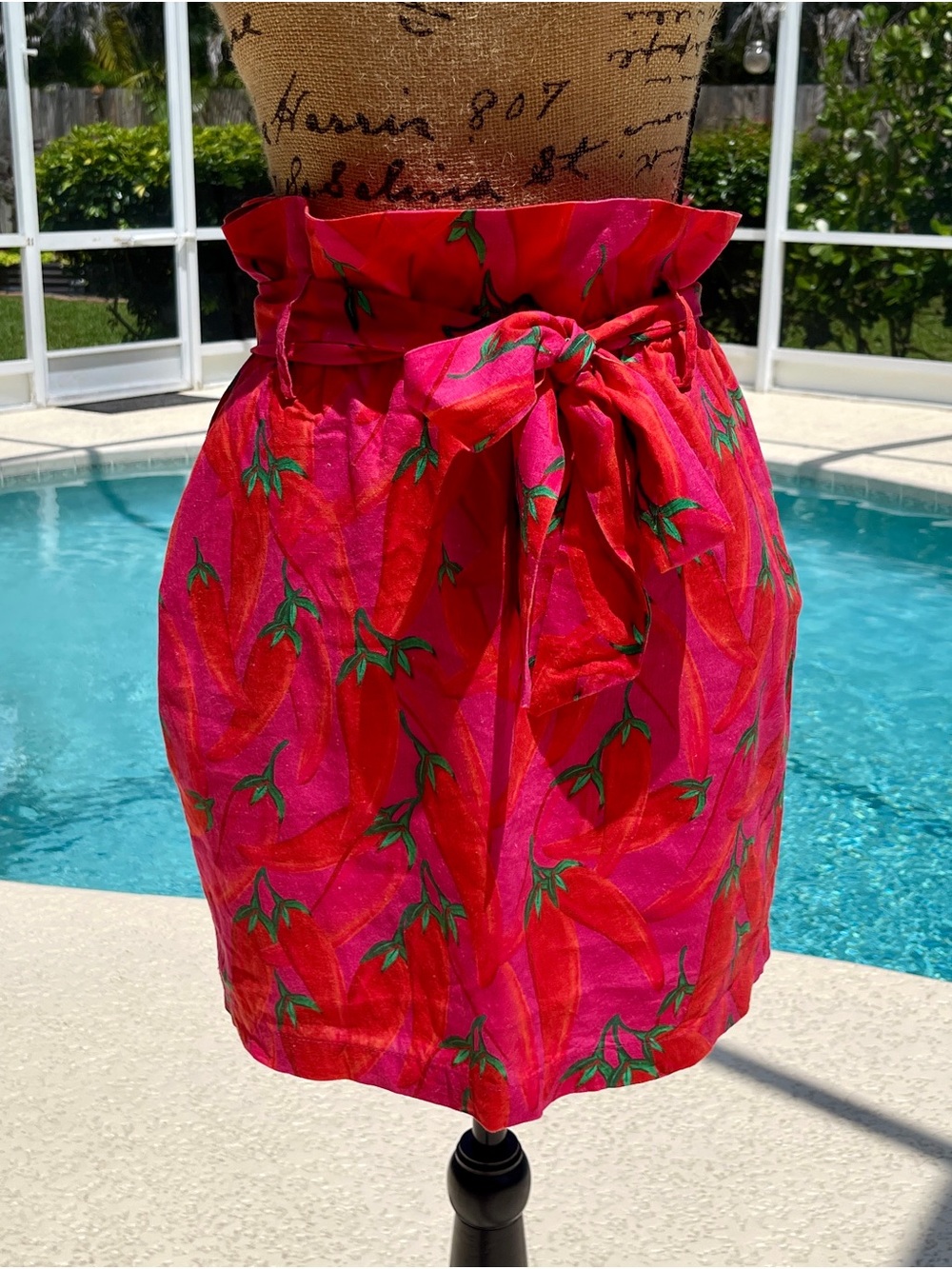 FARM Rio Pink & Red High-Waist Tie-Belt Mini Skirt with Green Accent